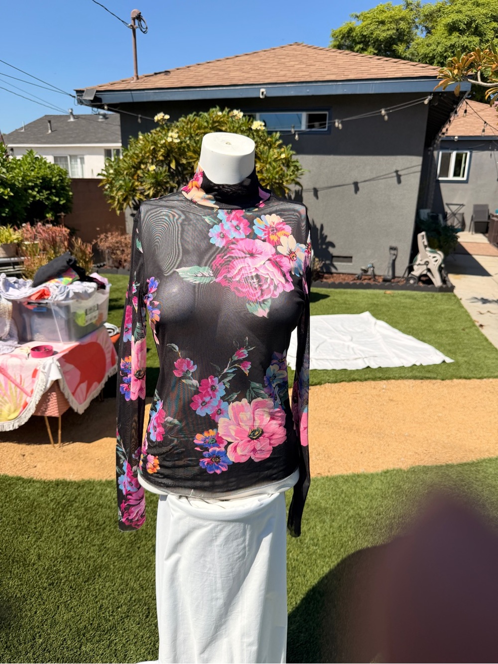 AFRM Black Sheer Mock Neck Long Sleeve Top with Pink Floral Print